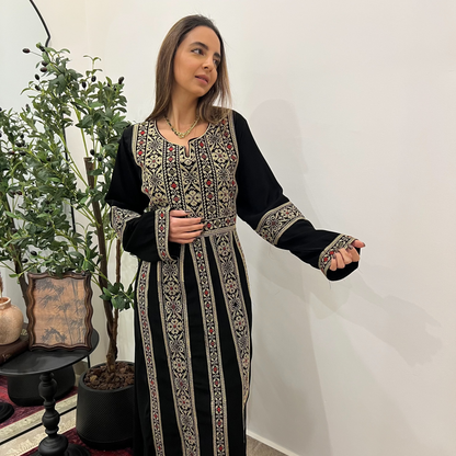Palestinian Thobe Traditional Dress | Black with Gold Tatreez Embroidery for Adults