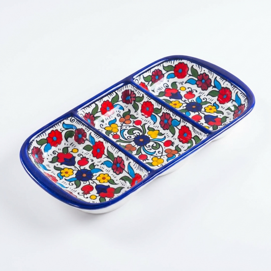 Triple Ceramic Serving Platter – Hand-Painted in Palestine