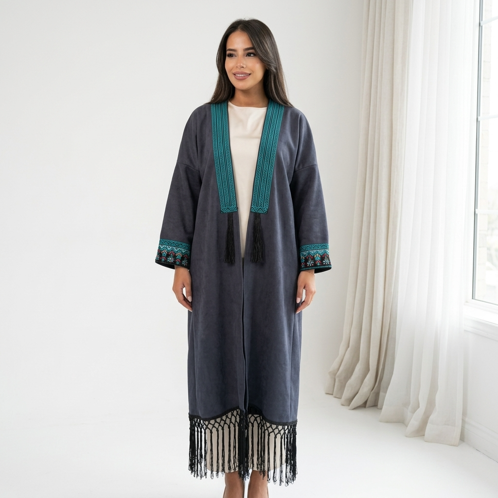 Velvet Tatreez Bisht – Navy