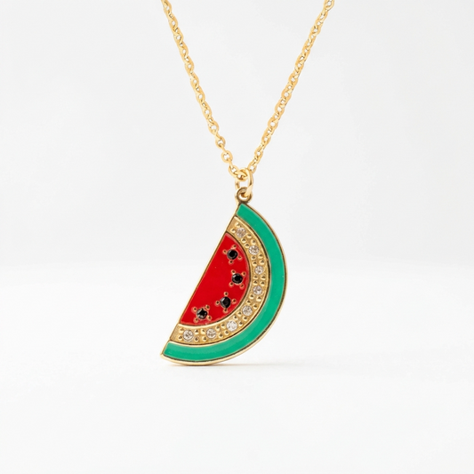 Coloured Watermelon Rhinestone Necklace | Enamel 18K Gold Plated