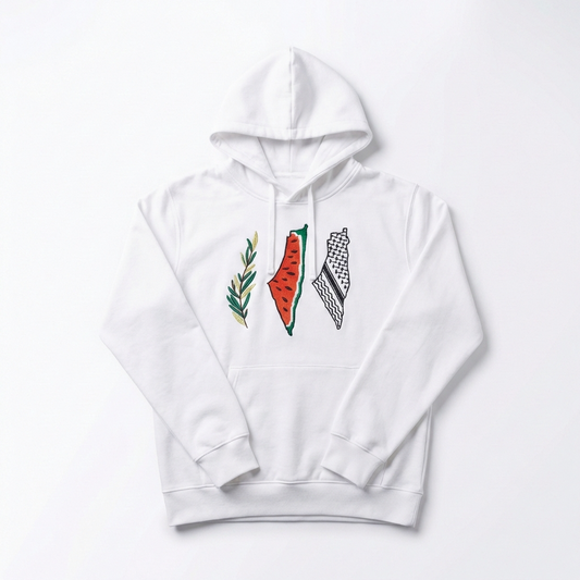Palestine Maps Tatreez Hoodie | Watermelon Kufiya Olive Leaves