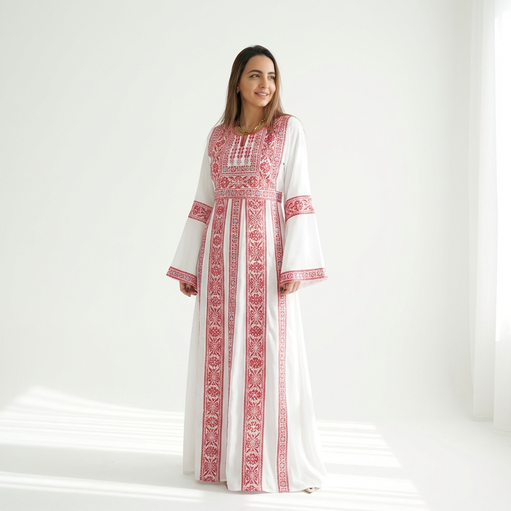 Palestinian Thobe Traditional Dress | White with Red Tatreez Embroidery for Adults