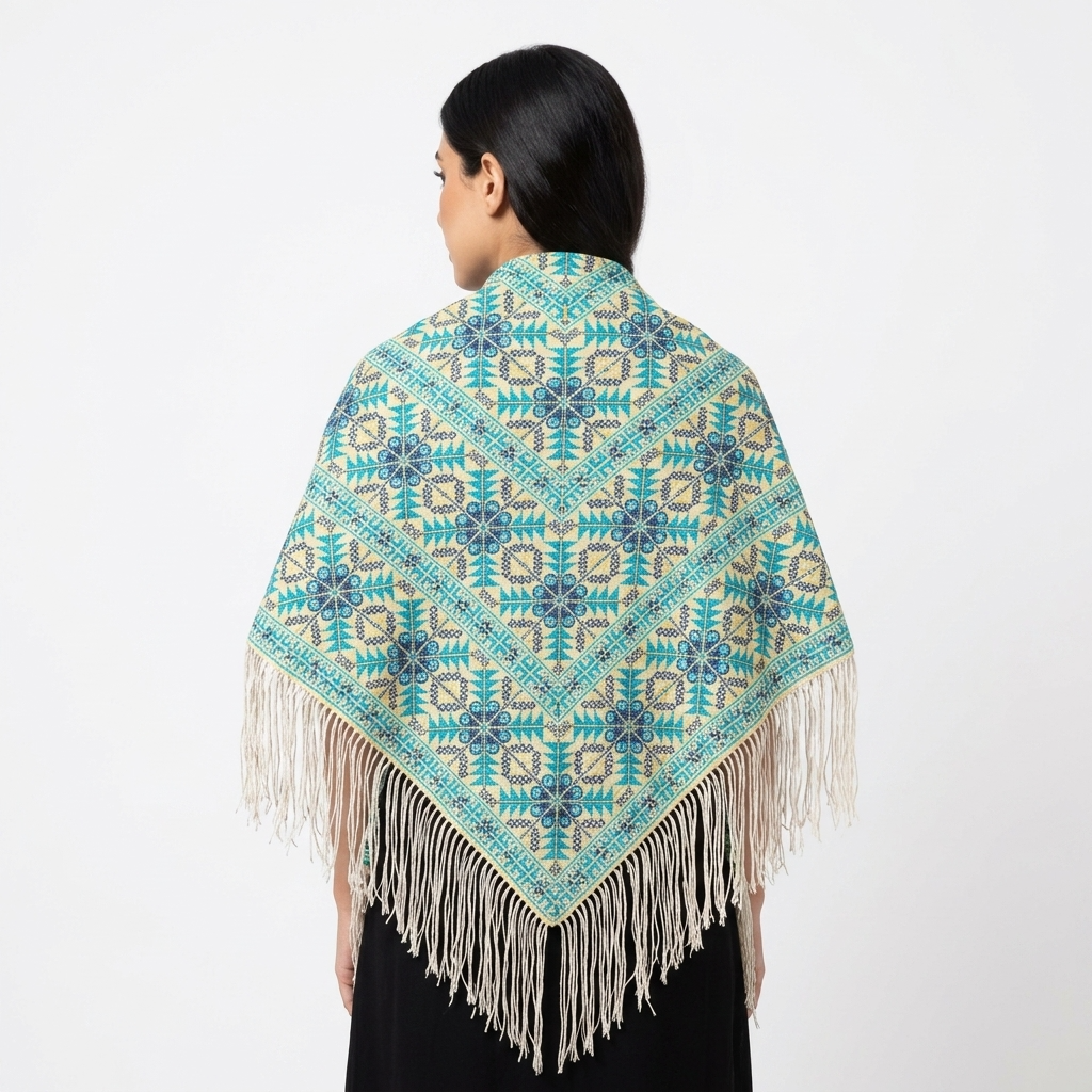 Zahra Hand-Stitched Shawl - Turquoise Ivory