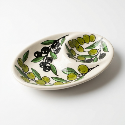 Zaytoun Ceramic Double Dip Plate – Olive Motif