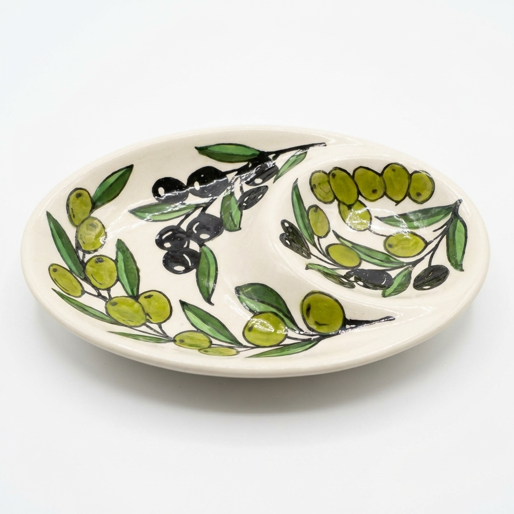 Zaytoun Ceramic Double Dip Plate – Olive Motif