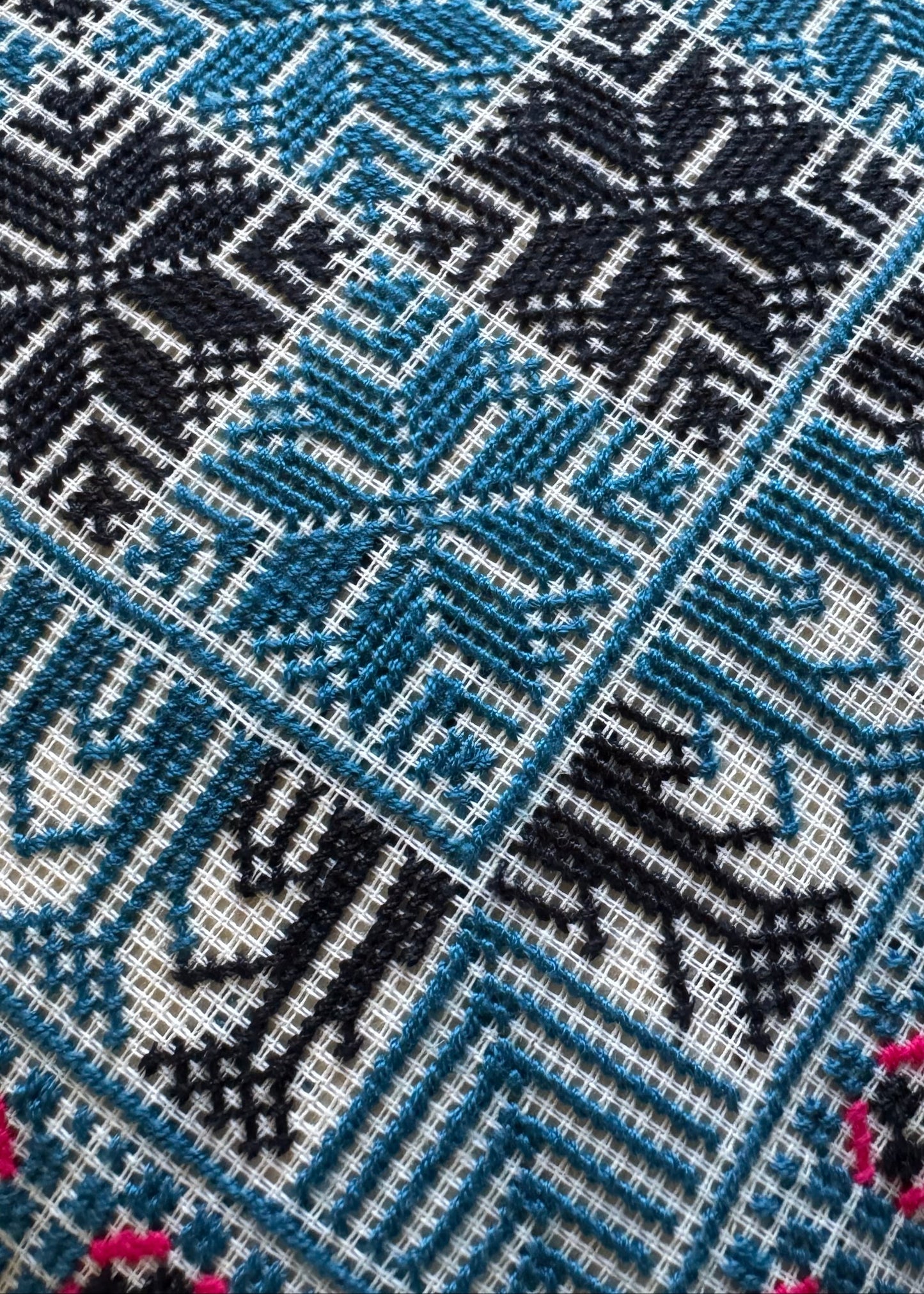 Handmade Tatreez Cushion Cover – Blue and Dark Navy Stars with Pink Flowers | Palestinian Embroidery (16"x16")