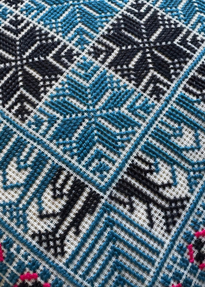 Handmade Tatreez Cushion Cover – Blue and Dark Navy Stars with Pink Flowers | Palestinian Embroidery (16"x16")