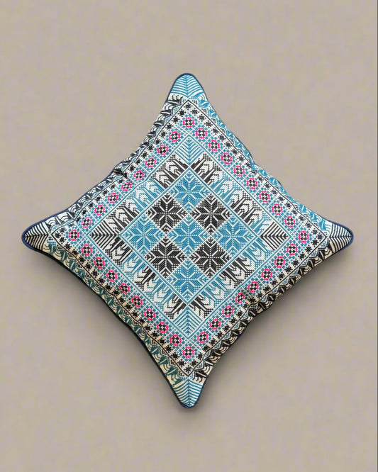 Handmade Tatreez Cushion Cover – Blue and Dark Navy Stars with Pink Flowers | Palestinian Embroidery (16"x16")