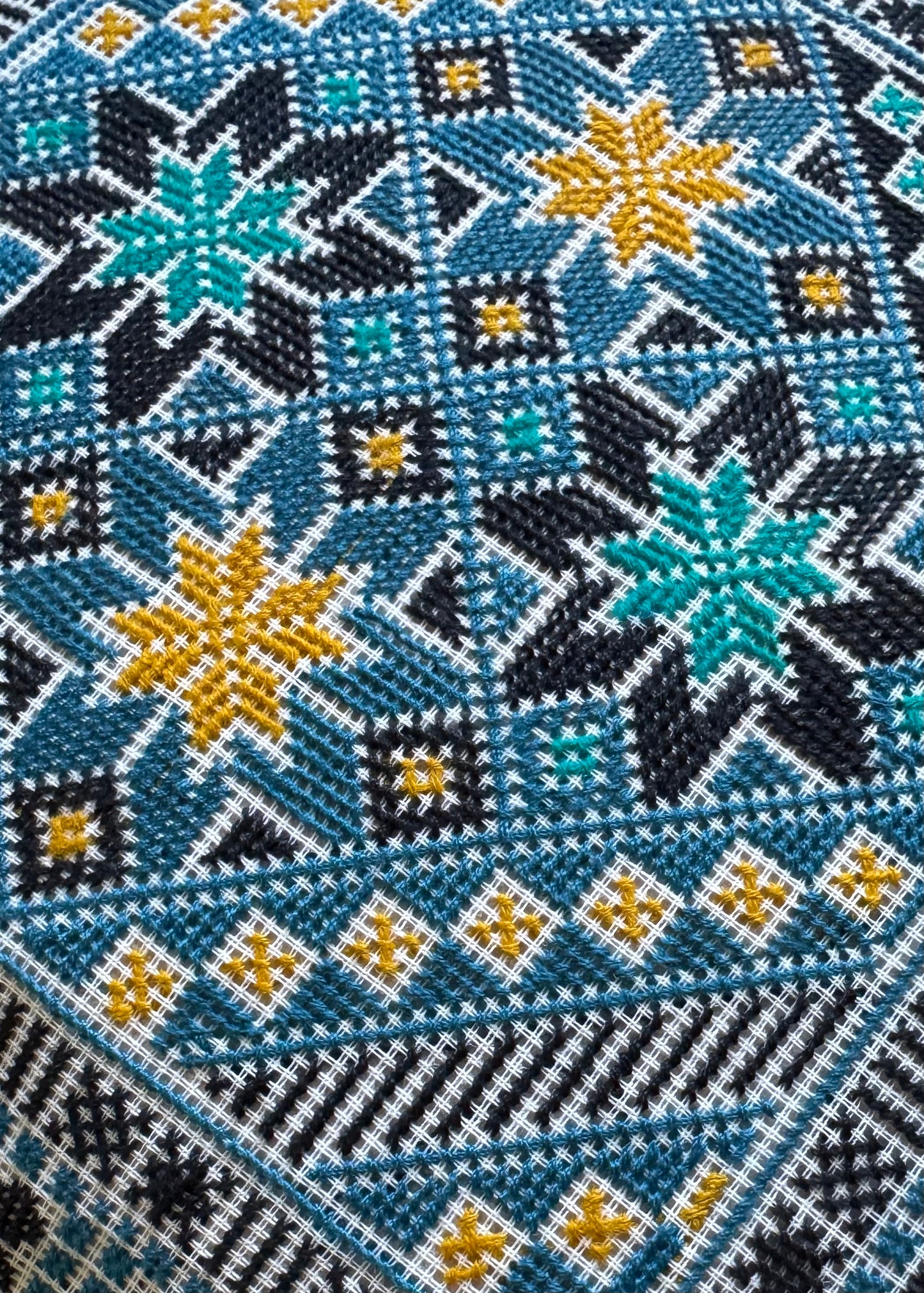Handmade Tatreez Cushion Cover – Blue with Teal and Yellow Stars on Blue | Palestinian Embroidery (16"x16")