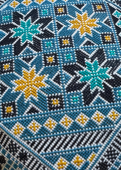 Handmade Tatreez Cushion Cover – Blue with Teal and Yellow Stars on Blue | Palestinian Embroidery (16"x16")