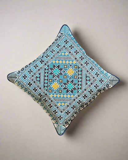 Handmade Tatreez Cushion Cover – Blue with Teal and Yellow Stars on Blue | Palestinian Embroidery (16"x16")