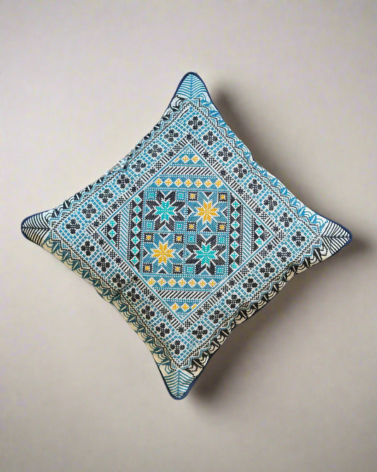 Handmade Tatreez Cushion Cover – Blue with Teal and Yellow Stars on Blue | Palestinian Embroidery (16"x16")