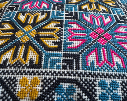 Handmade Tatreez Cushion Cover – Blue with Pink and Yellow Diamond Stars on Blue | Palestinian Embroidery (16"x16")