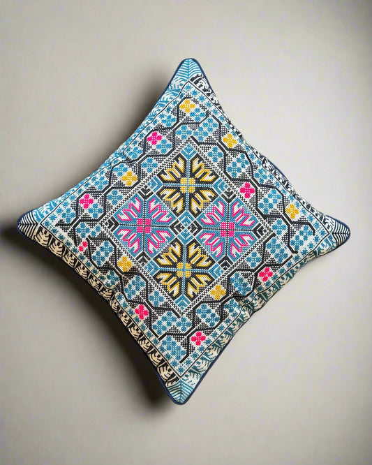 Handmade Tatreez Cushion Cover – Blue with Pink and Yellow Diamond Stars on Blue | Palestinian Embroidery (16"x16")