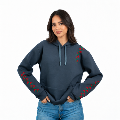 Jouri Hand-Stitched Hoodie on model against white background