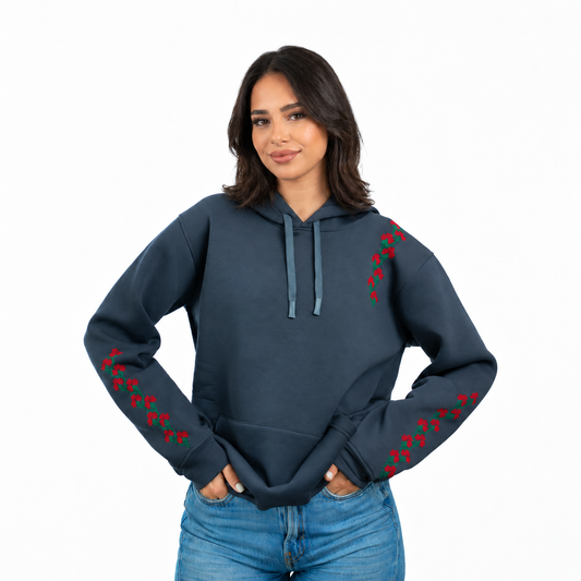 Jouri Hand-Stitched Hoodie on model against white background