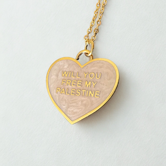 Pearl Heart Necklace | "Will You Free My Palestine" - 18k Gold Plating Stainless Steel - Palestine Jewelry