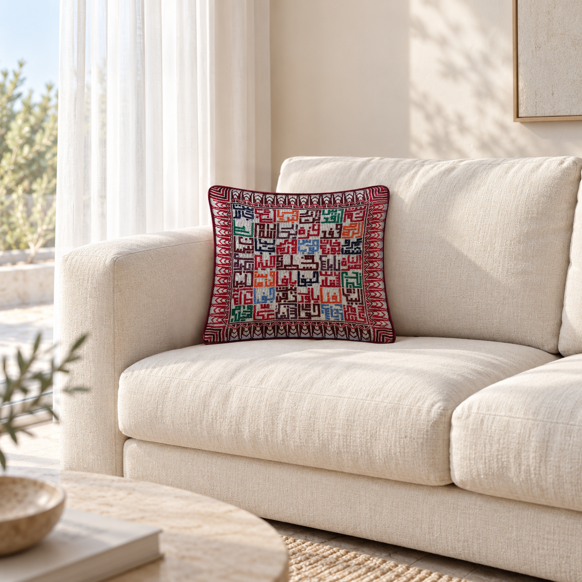 Cities of Home hand-stitched cushion on a light cream couch beside white drapes and natural window light