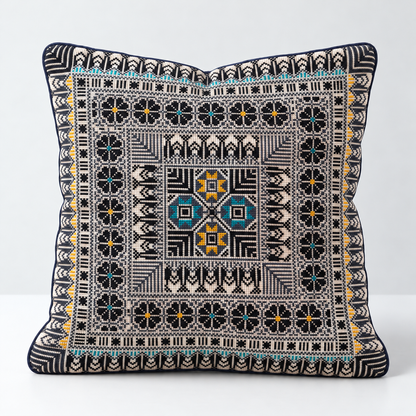 Sunlit Garden Quartet - Black, Teal & Mustard cushion design