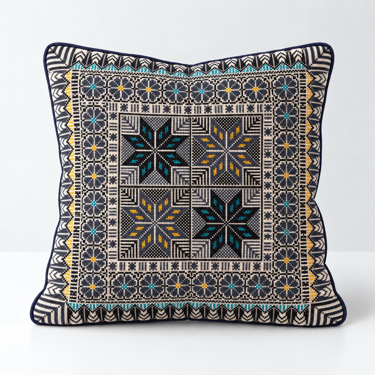 Midnight Star Windows - Charcoal, Teal & Mustard cushion design