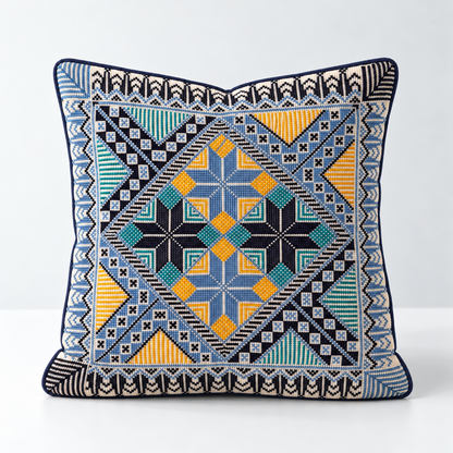 Four Petals in Bloom - Blue, Teal & Mustard cushion design