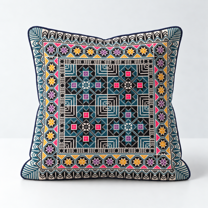 Jewelled Courtyard - Teal, Pink & Purple cushion design