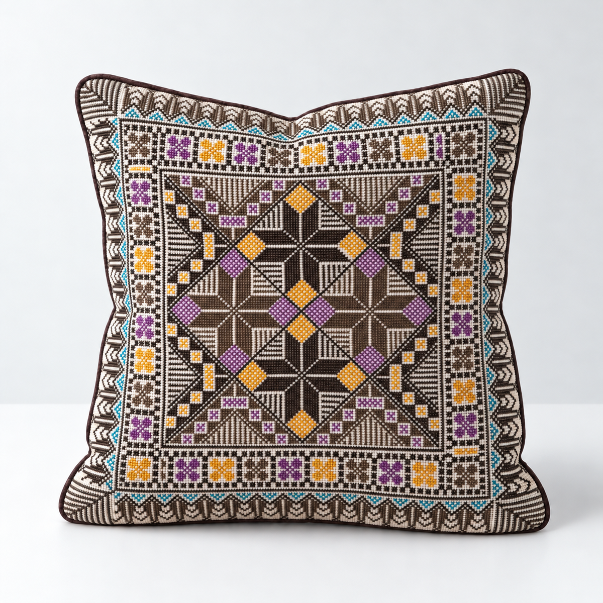 Harvest Star Garden - Brown, Purple & Mustard cushion design
