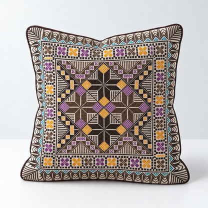 Harvest Star Garden - Brown, Purple & Mustard cushion design