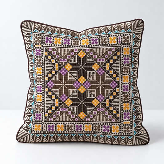 Harvest Star Garden - Brown, Purple & Mustard cushion design