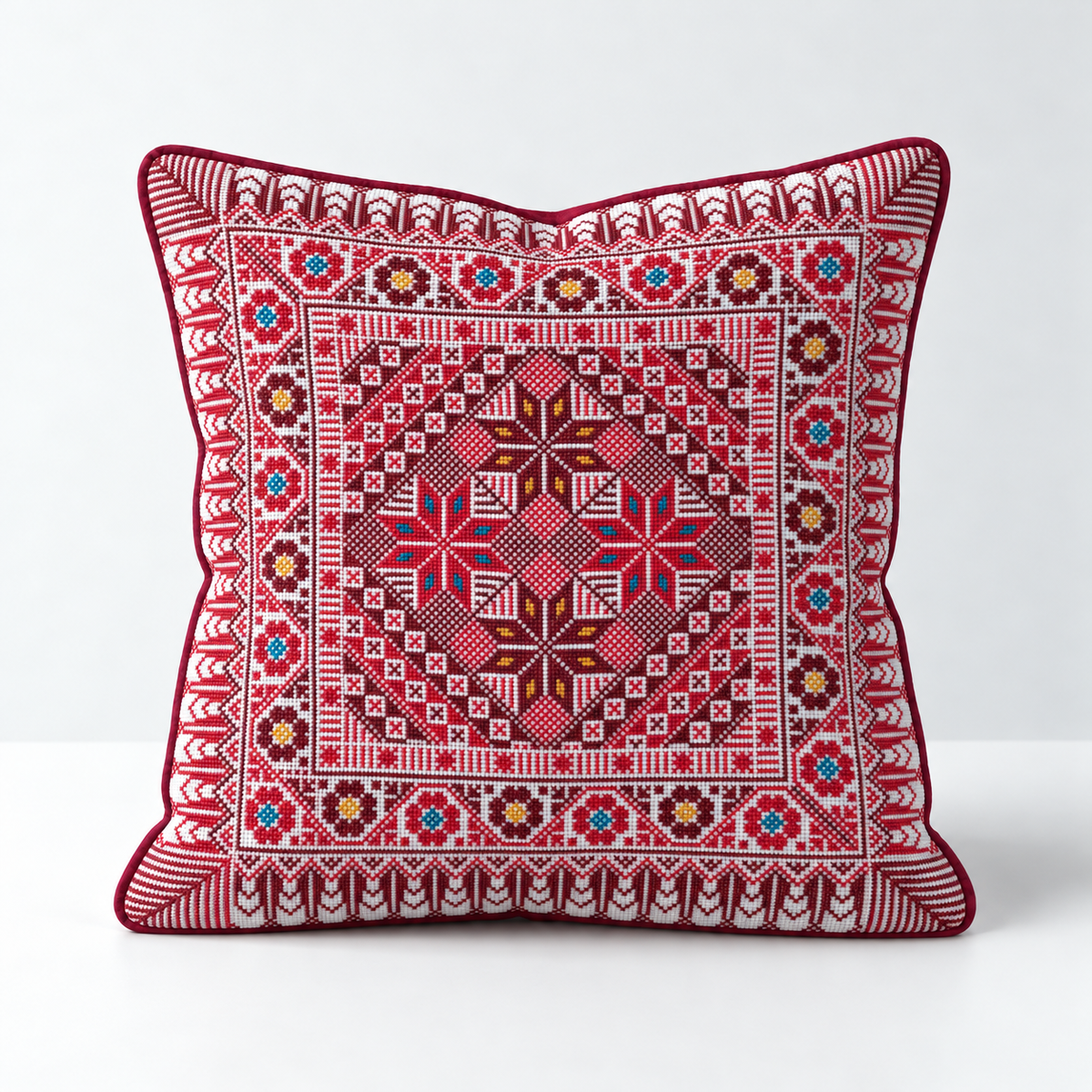 Ember Star Diamond - Red, Teal & Mustard cushion design