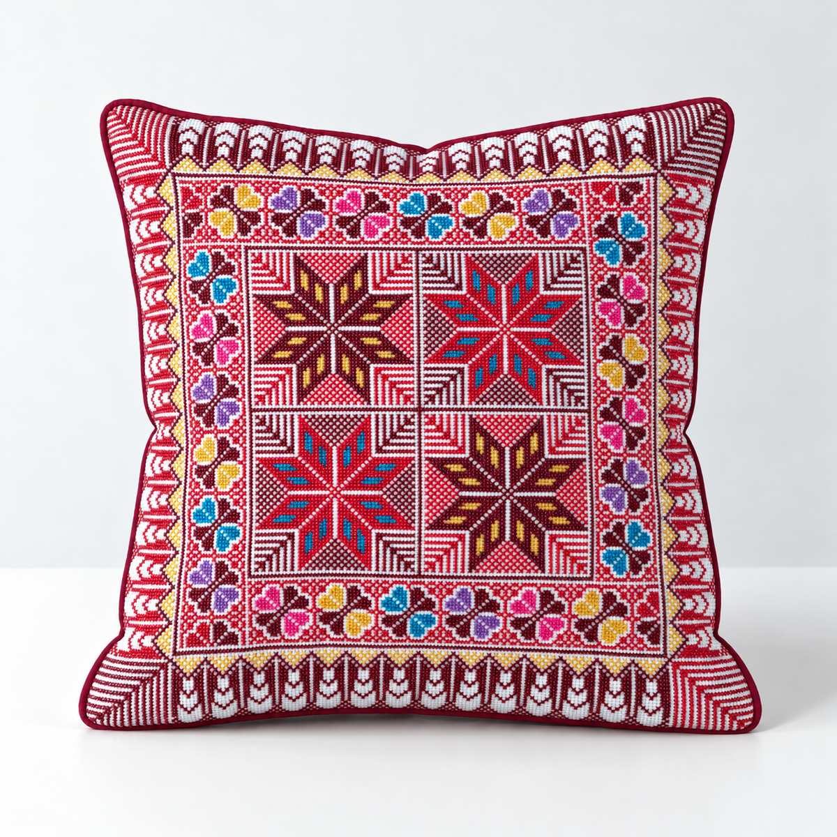 Sunlit Star Windows - Red, Teal & Mustard cushion design