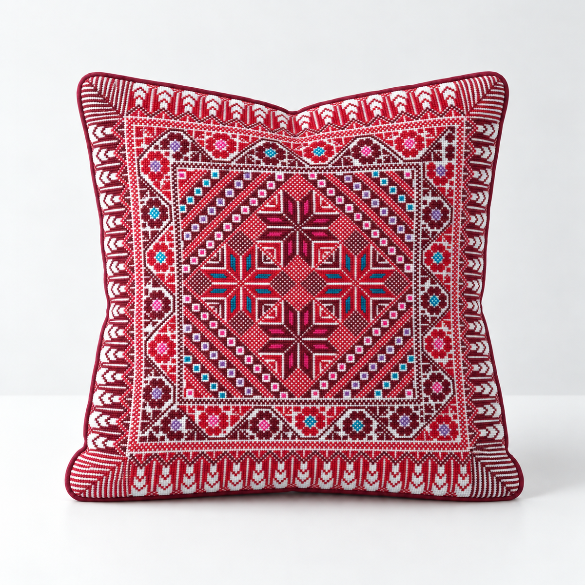 Roseglow Star Diamond - Red, Teal & Pink cushion design