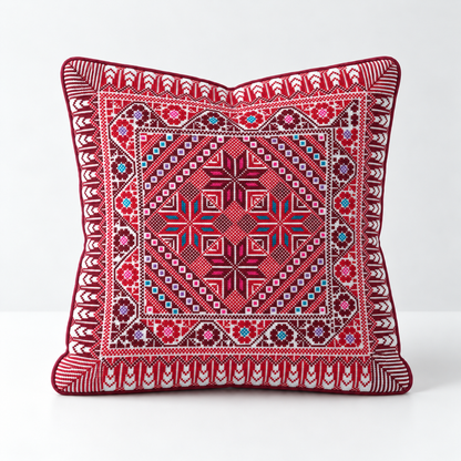 Roseglow Star Diamond - Red, Teal & Pink cushion design