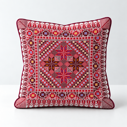 Harvest Star Diamond - Red, Purple & Mustard cushion design
