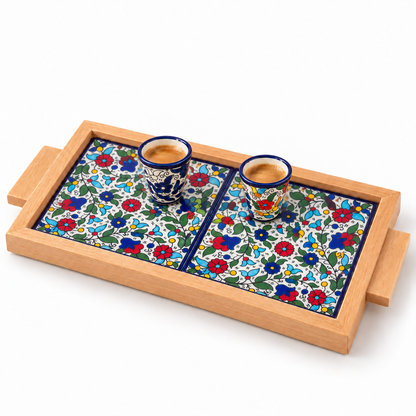 Navy and multicolor Zahra espresso cups with coffee on a colourful two-tile Zahra tray; cups sold individually, tray not included
